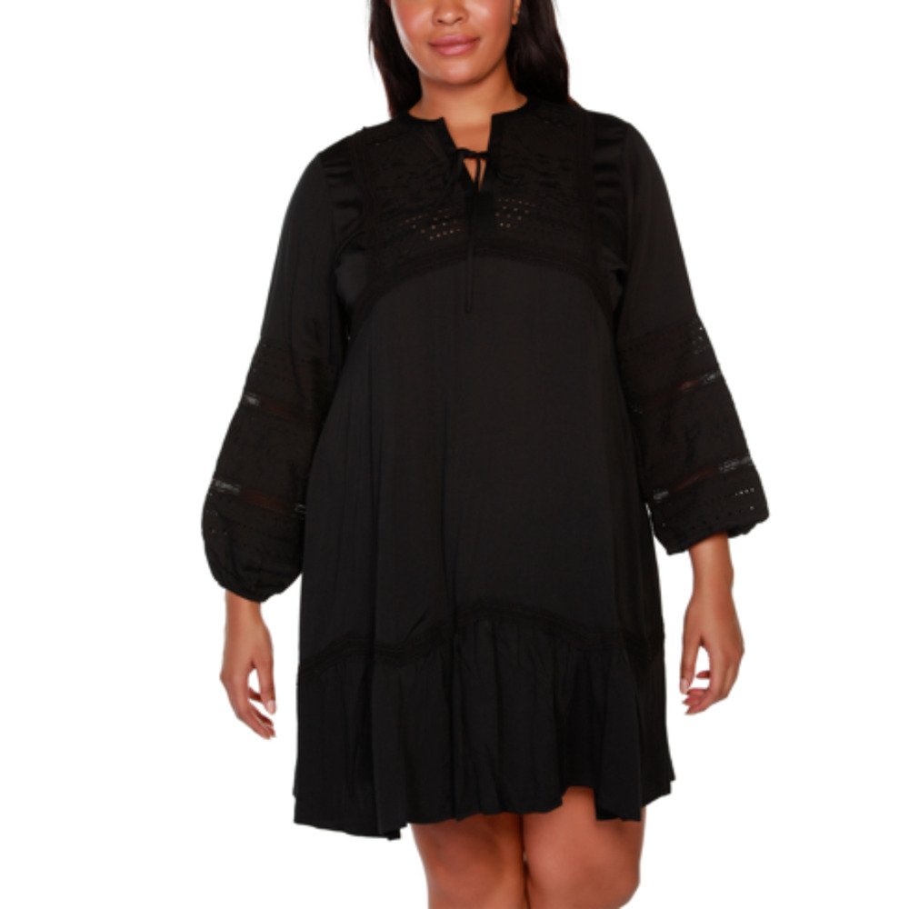 Womens Belldini Black Label Dotted Lined Long Sleeve Charmeuse Dress‎ Size 1X